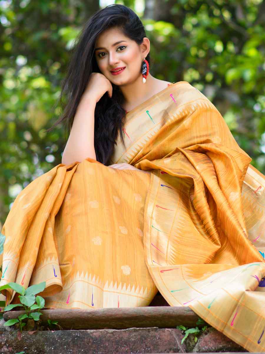 Yellow Tussar Silk Handwoven Wedding Festival Heavy Border Saree