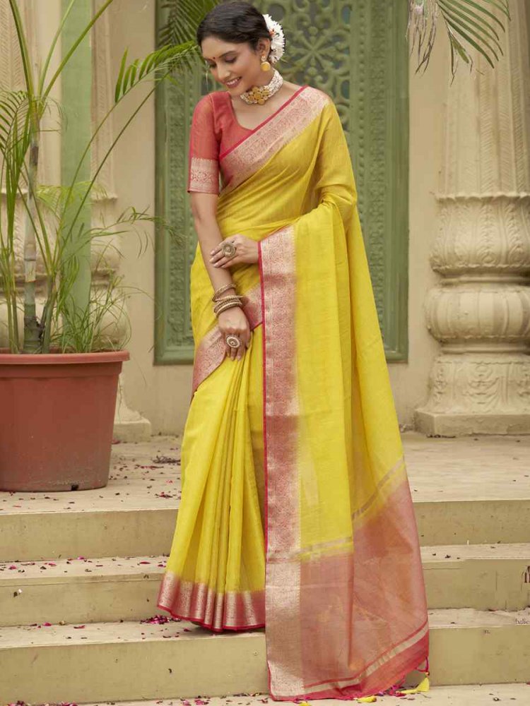 Yellow Tussar Silk Handwoven Wedding Festival Heavy Border Saree