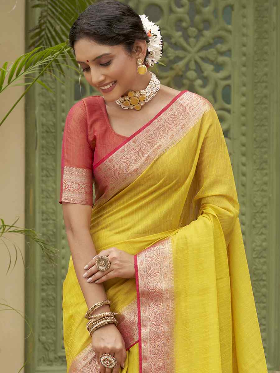 Yellow Tussar Silk Handwoven Wedding Festival Heavy Border Saree