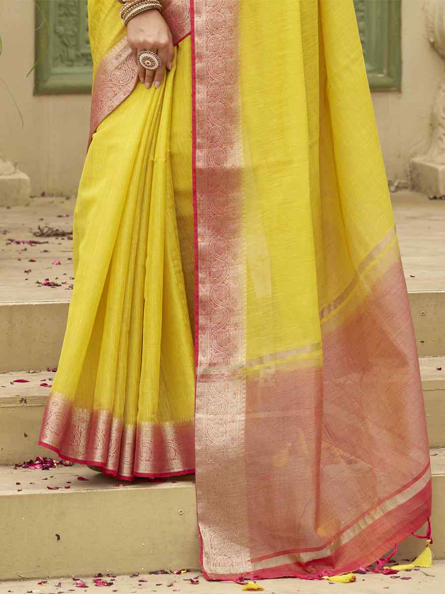 Yellow Tussar Silk Handwoven Wedding Festival Heavy Border Saree