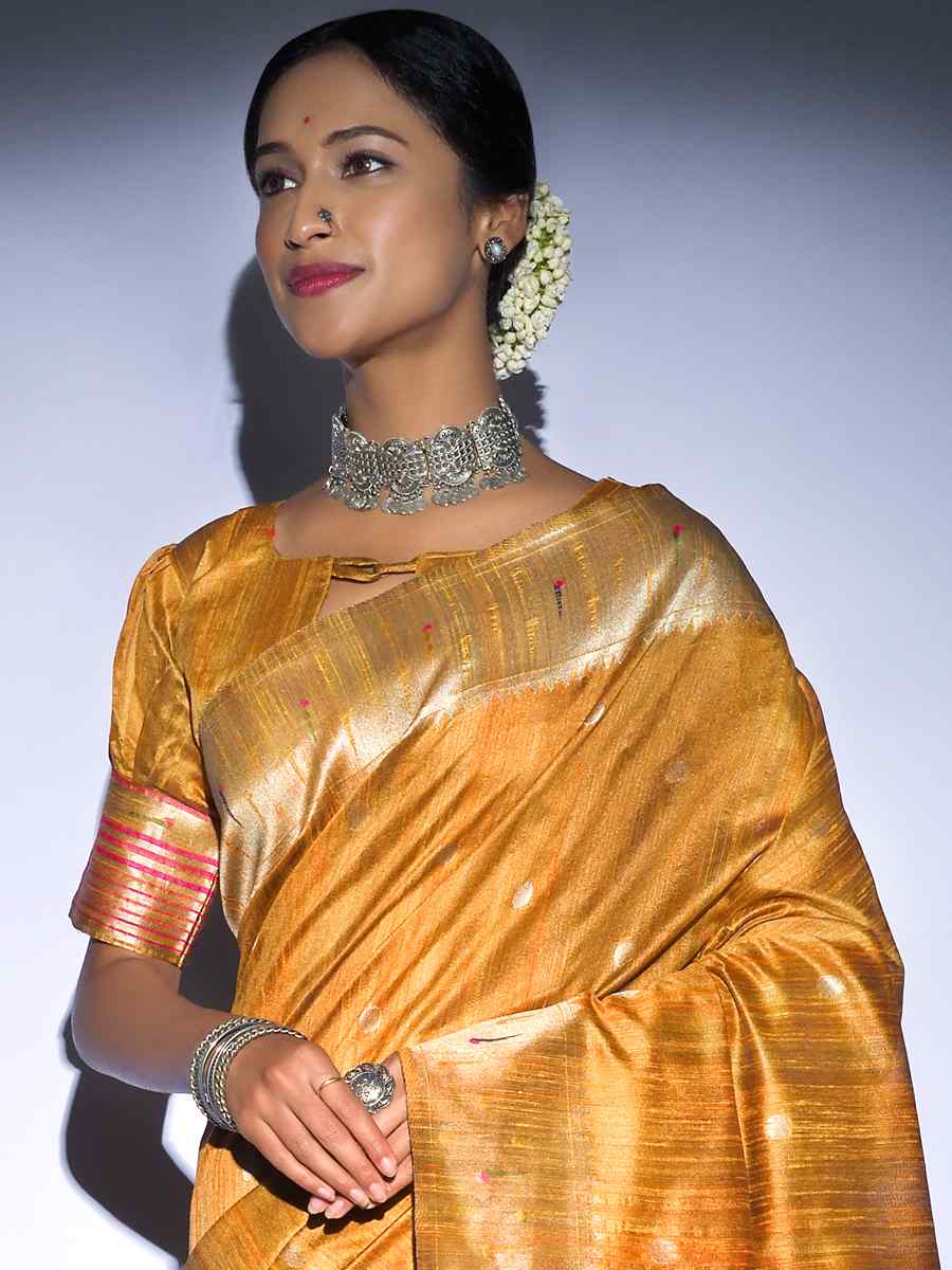 Yellow Tussar Silk Handwoven Wedding Festival Heavy Border Saree