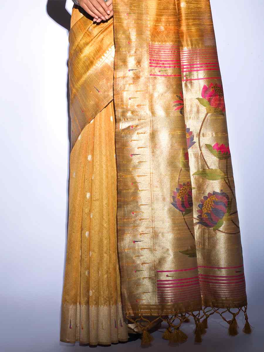 Yellow Tussar Silk Handwoven Wedding Festival Heavy Border Saree