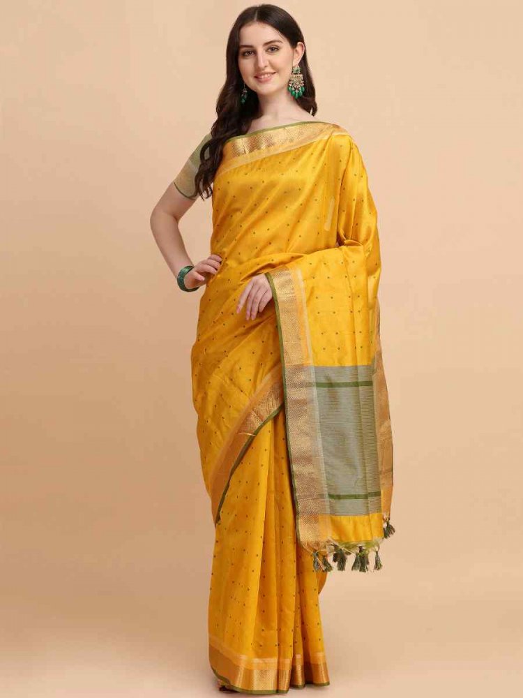 Yellow Tussar Silk Handwoven Wedding Festival Heavy Border Saree