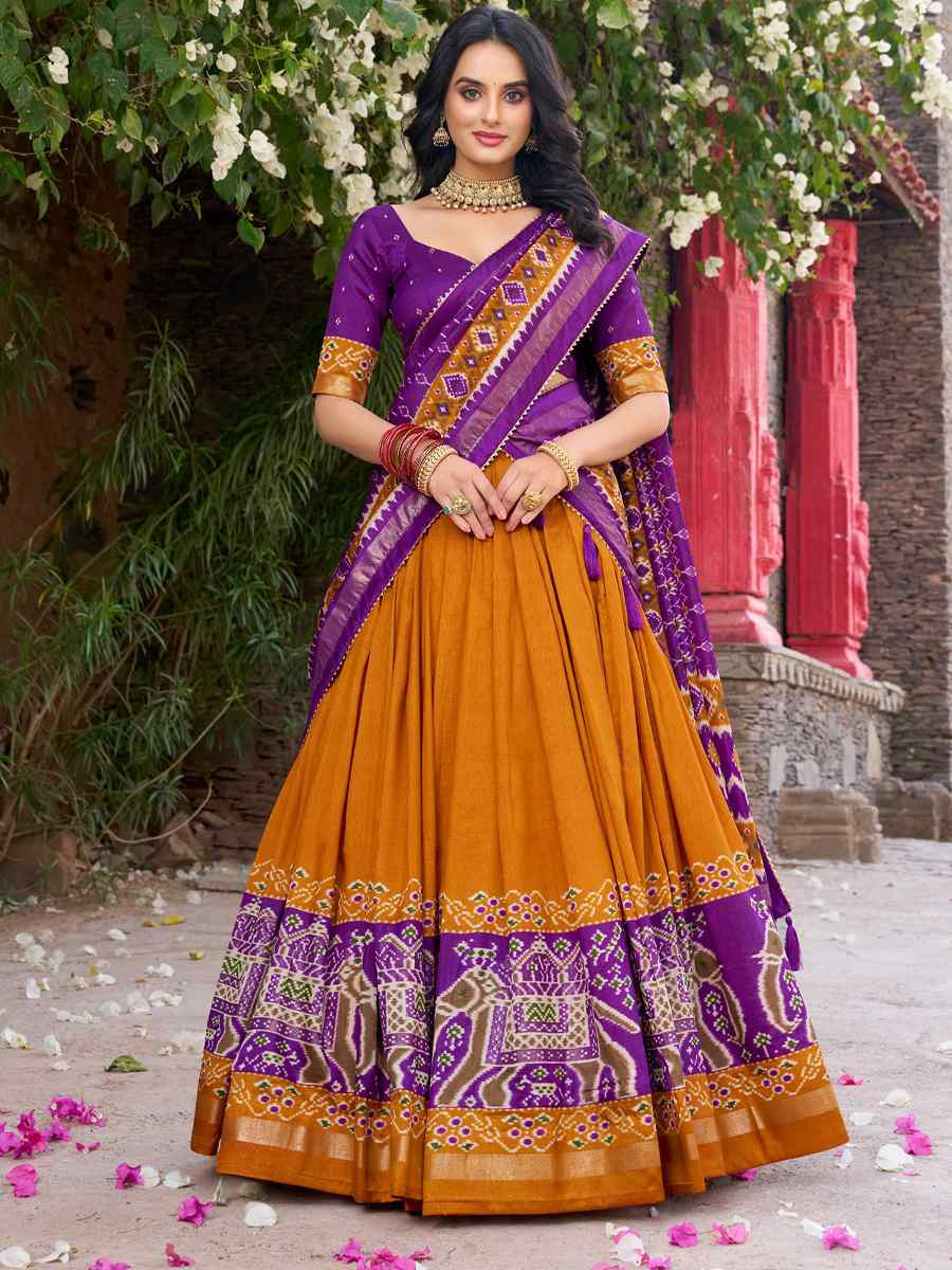 Yellow Tussar Silk Printed And Hand Embroidered Party Reception Wedding Lehenga Choli