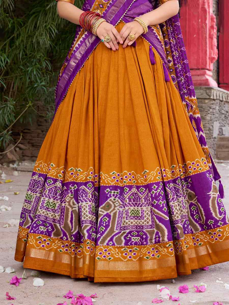 Yellow Tussar Silk Printed And Hand Embroidered Party Reception Wedding Lehenga Choli