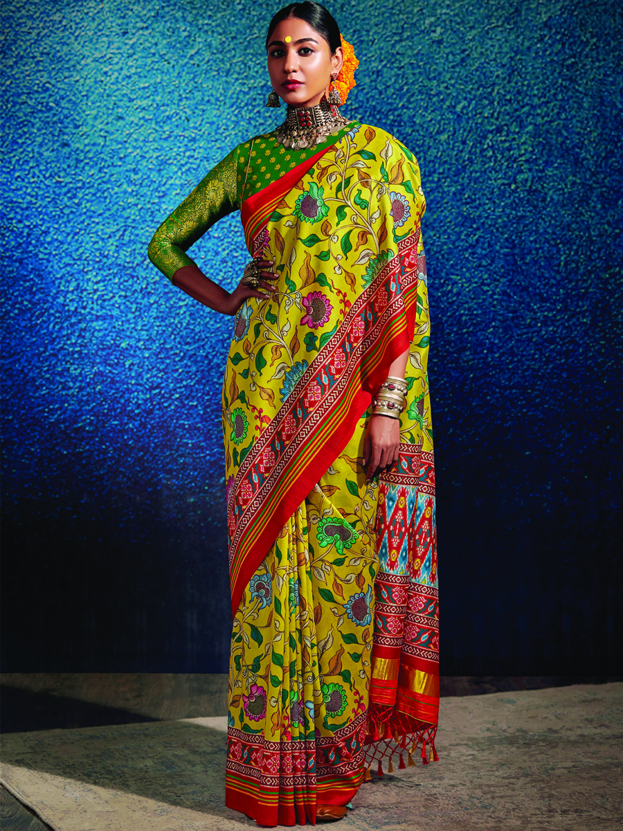 Yellow Tussar Silk Printed Casual Festival Contemporary Saree