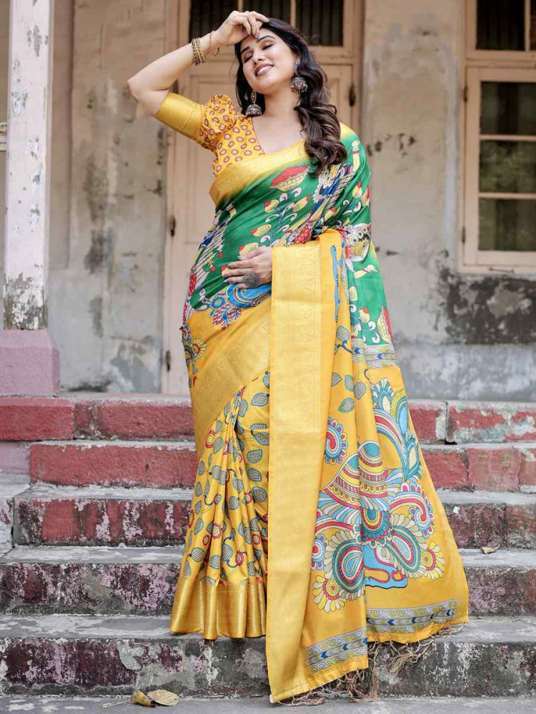 Image of Yellow Tussar Silk Zari Handwoven Printed Casual Reception Festival Wedding Fancy Heavy Border Saree