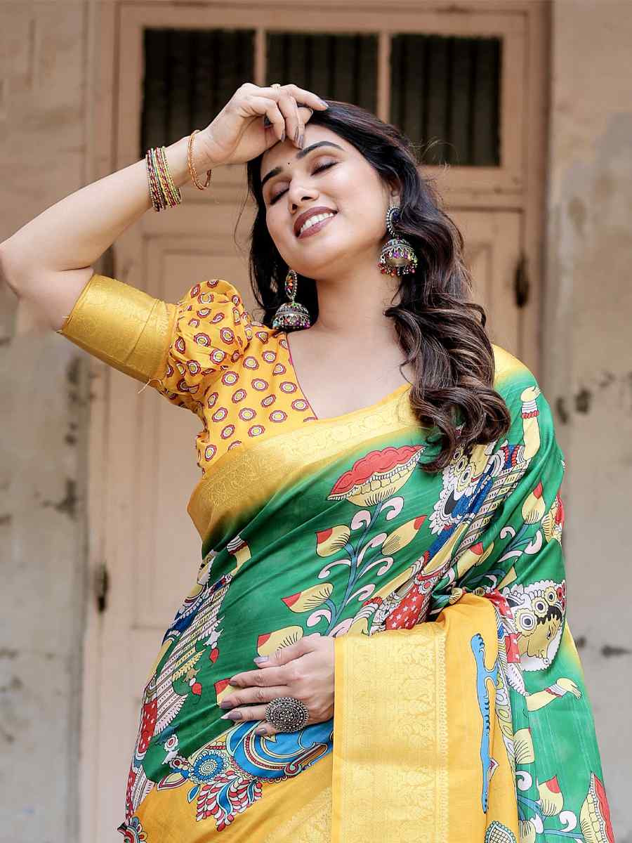 Yellow Tussar Silk Zari Handwoven Printed Casual Reception Festival Wedding Fancy Heavy Border Saree