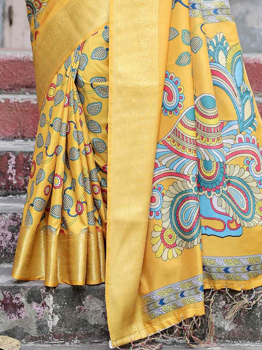 Yellow Tussar Silk Zari Handwoven Printed Casual Reception Festival Wedding Fancy Heavy Border Saree