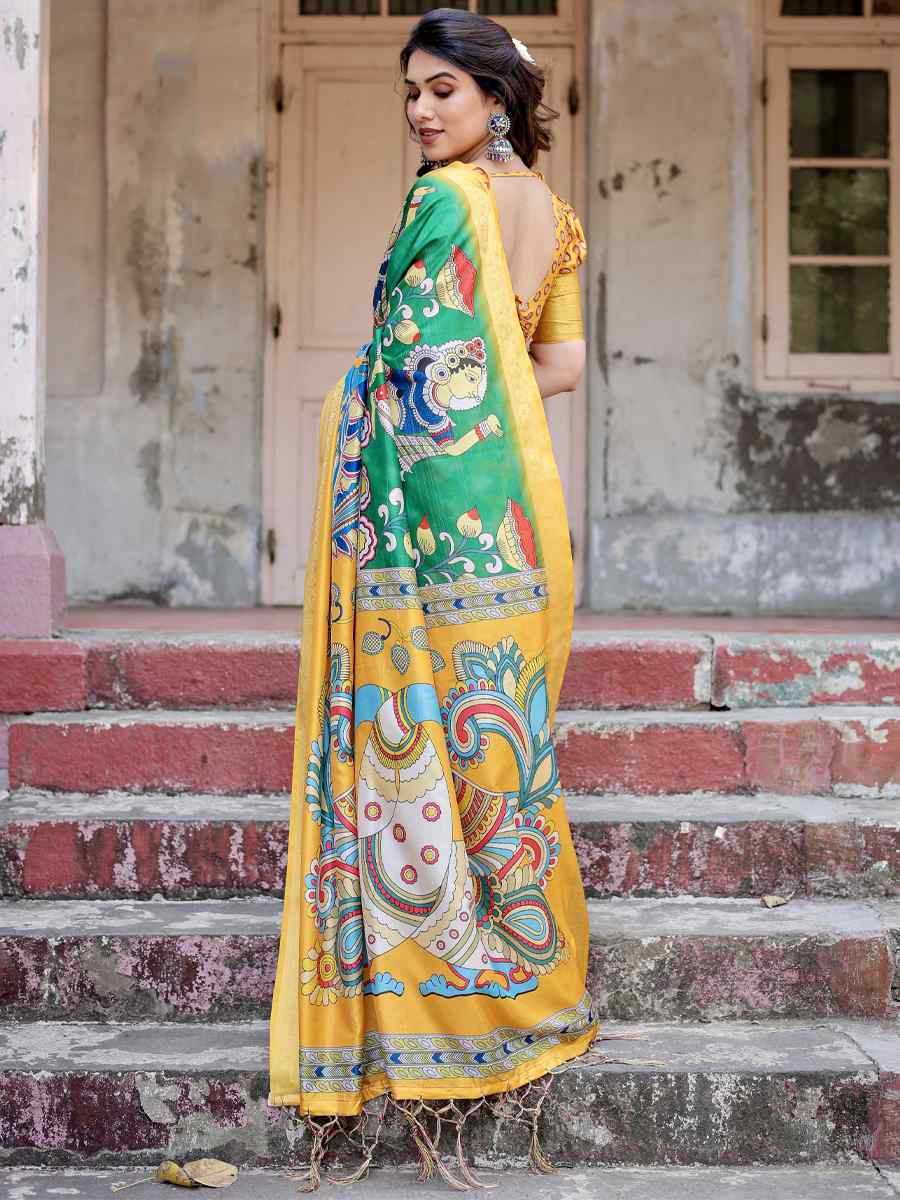 Yellow Tussar Silk Zari Handwoven Printed Casual Reception Festival Wedding Fancy Heavy Border Saree