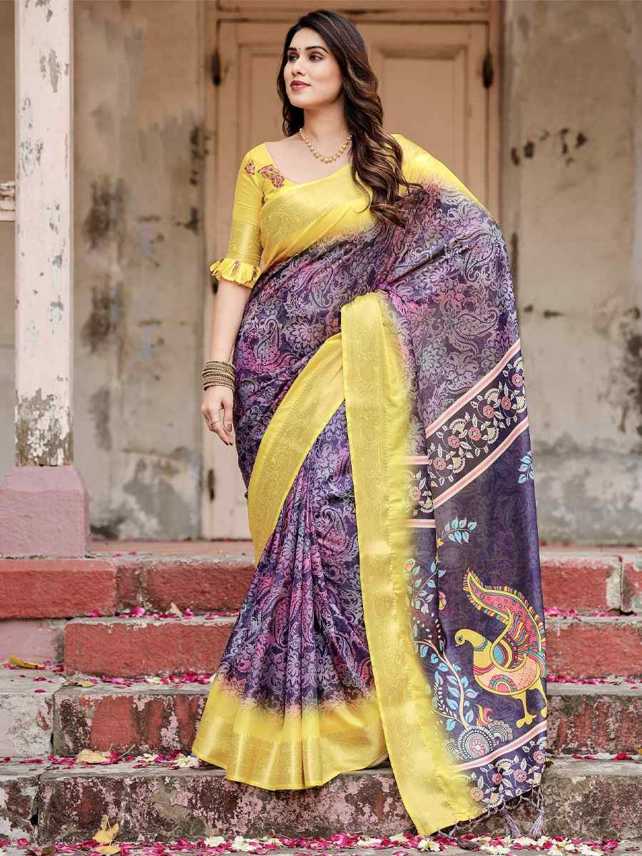 Yellow Tussar Silk Zari Handwoven Printed Casual Reception Festival Wedding Fancy Heavy Border Saree