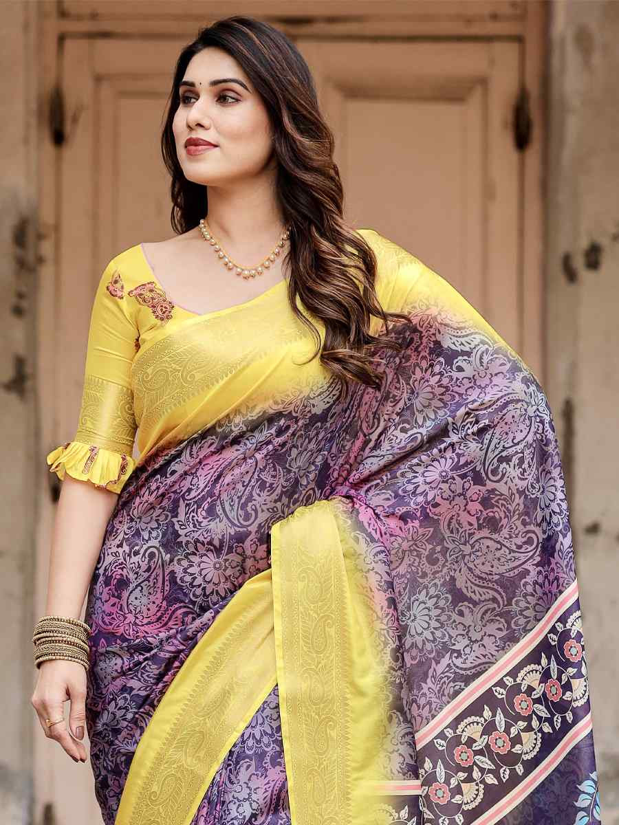 Yellow Tussar Silk Zari Handwoven Printed Casual Reception Festival Wedding Fancy Heavy Border Saree