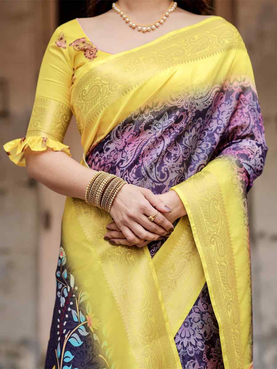 Yellow Tussar Silk Zari Handwoven Printed Casual Reception Festival Wedding Fancy Heavy Border Saree