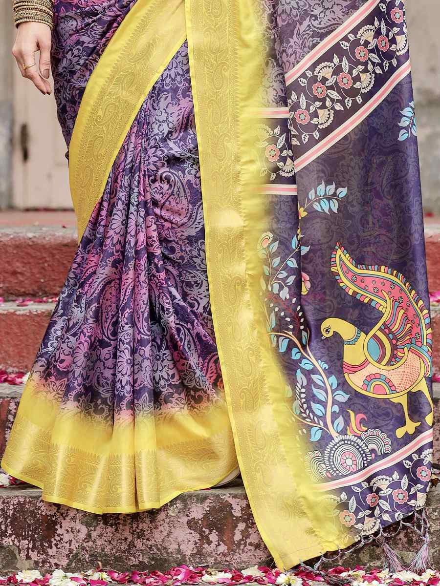 Yellow Tussar Silk Zari Handwoven Printed Casual Reception Festival Wedding Fancy Heavy Border Saree