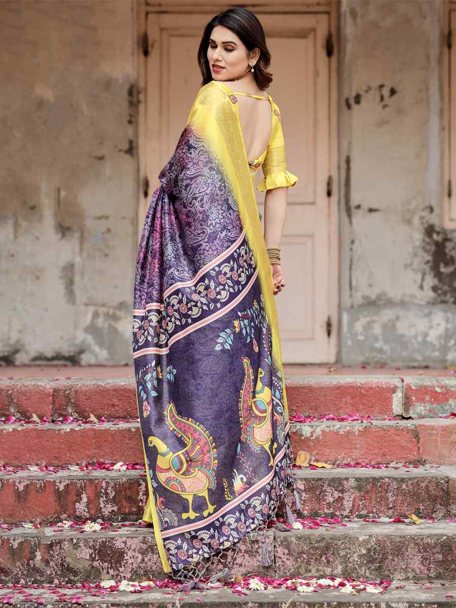Yellow Tussar Silk Zari Handwoven Printed Casual Reception Festival Wedding Fancy Heavy Border Saree