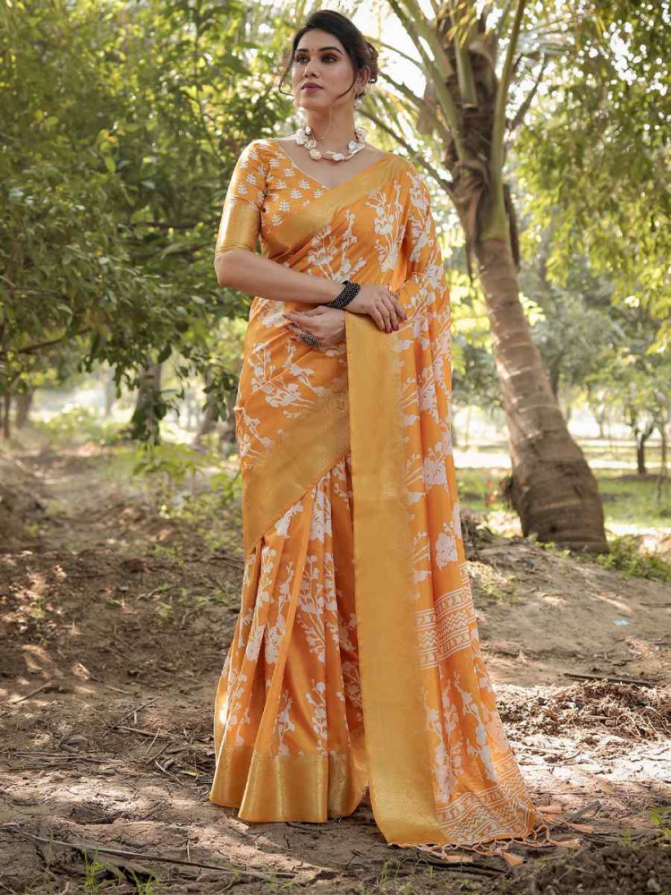 Image of Yellow Tussar Silk Zari Handwoven Printed Casual Reception Festival Wedding Fancy Heavy Border Saree