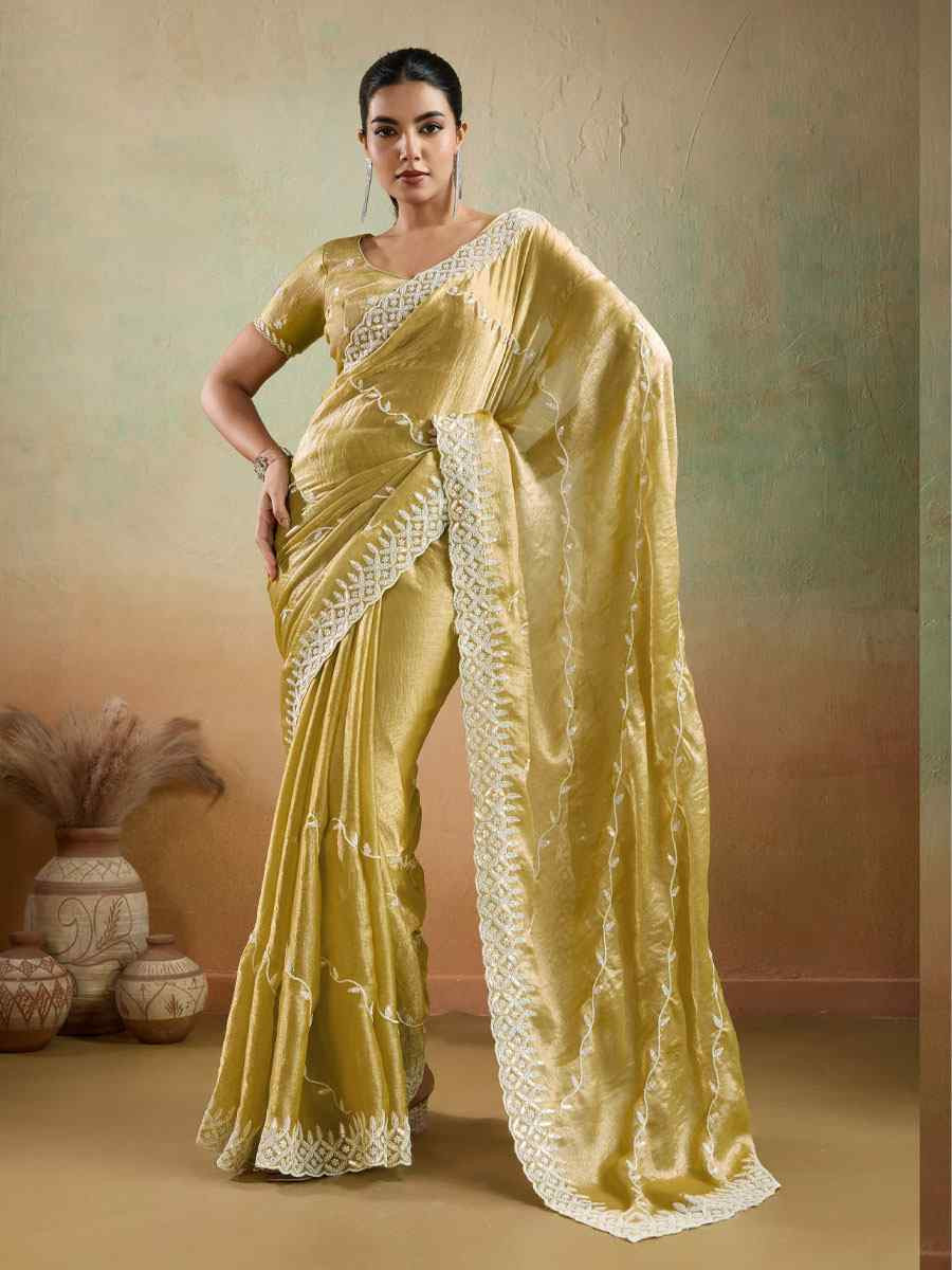 Yellow Velvet Chiffon Embroidery Traditional Bridal Reception Festival Wedding Fancy Heavy Border Saree