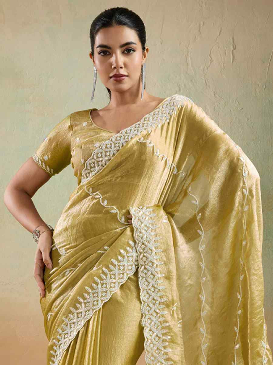 Yellow Velvet Chiffon Embroidery Traditional Bridal Reception Festival Wedding Fancy Heavy Border Saree