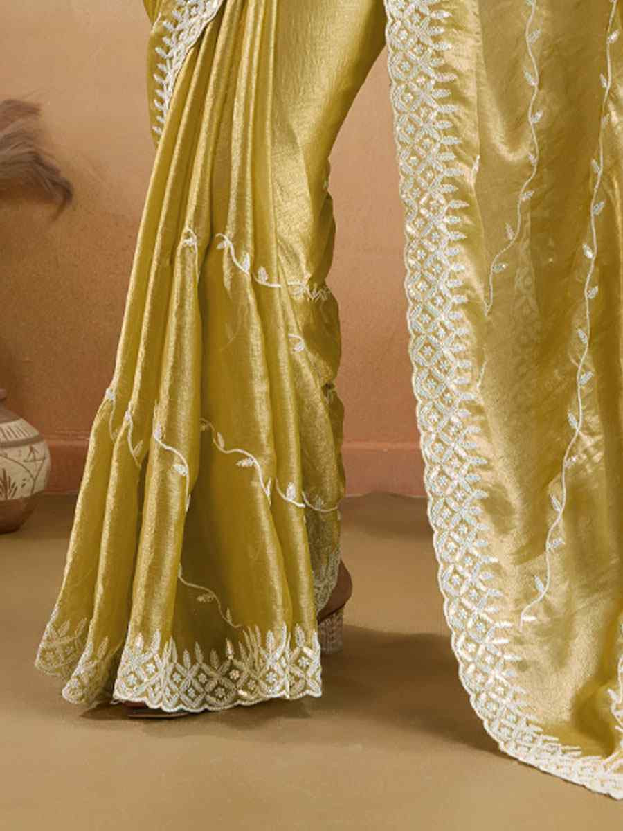 Yellow Velvet Chiffon Embroidery Traditional Bridal Reception Festival Wedding Fancy Heavy Border Saree