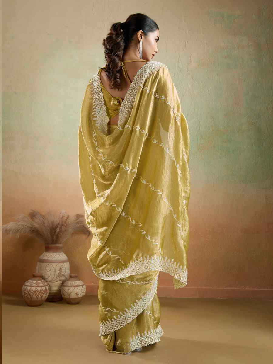 Yellow Velvet Chiffon Embroidery Traditional Bridal Reception Festival Wedding Fancy Heavy Border Saree