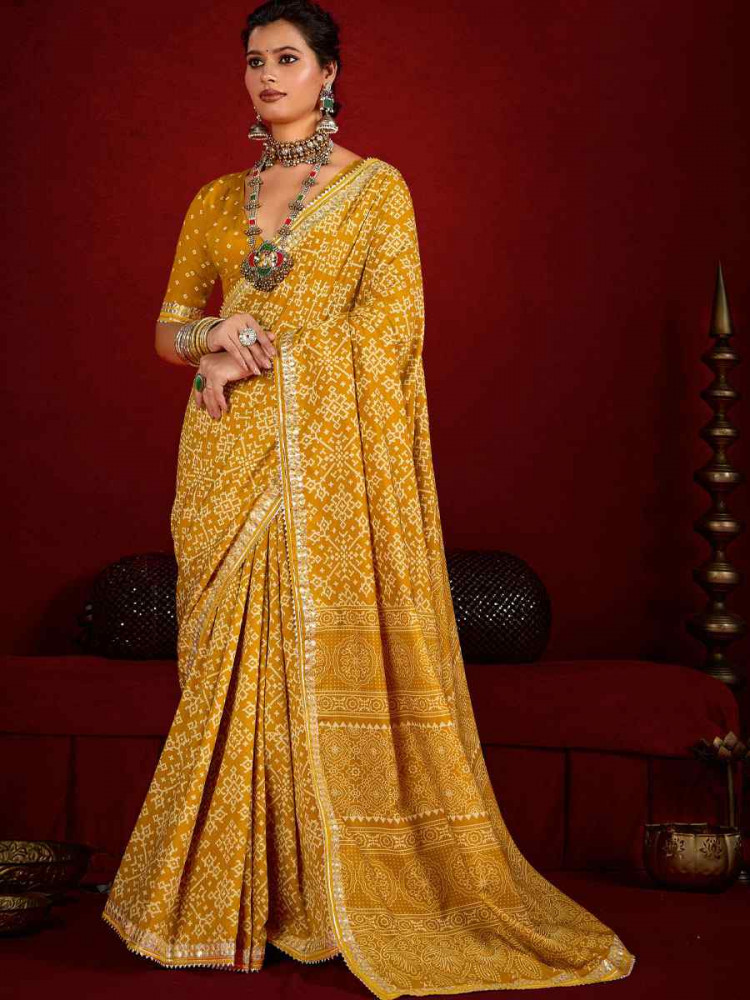 Image of Yellow Velvet Tussar Silk Printed Embroidery Casual Reception Festival Wedding Fancy Classic Style Sarees