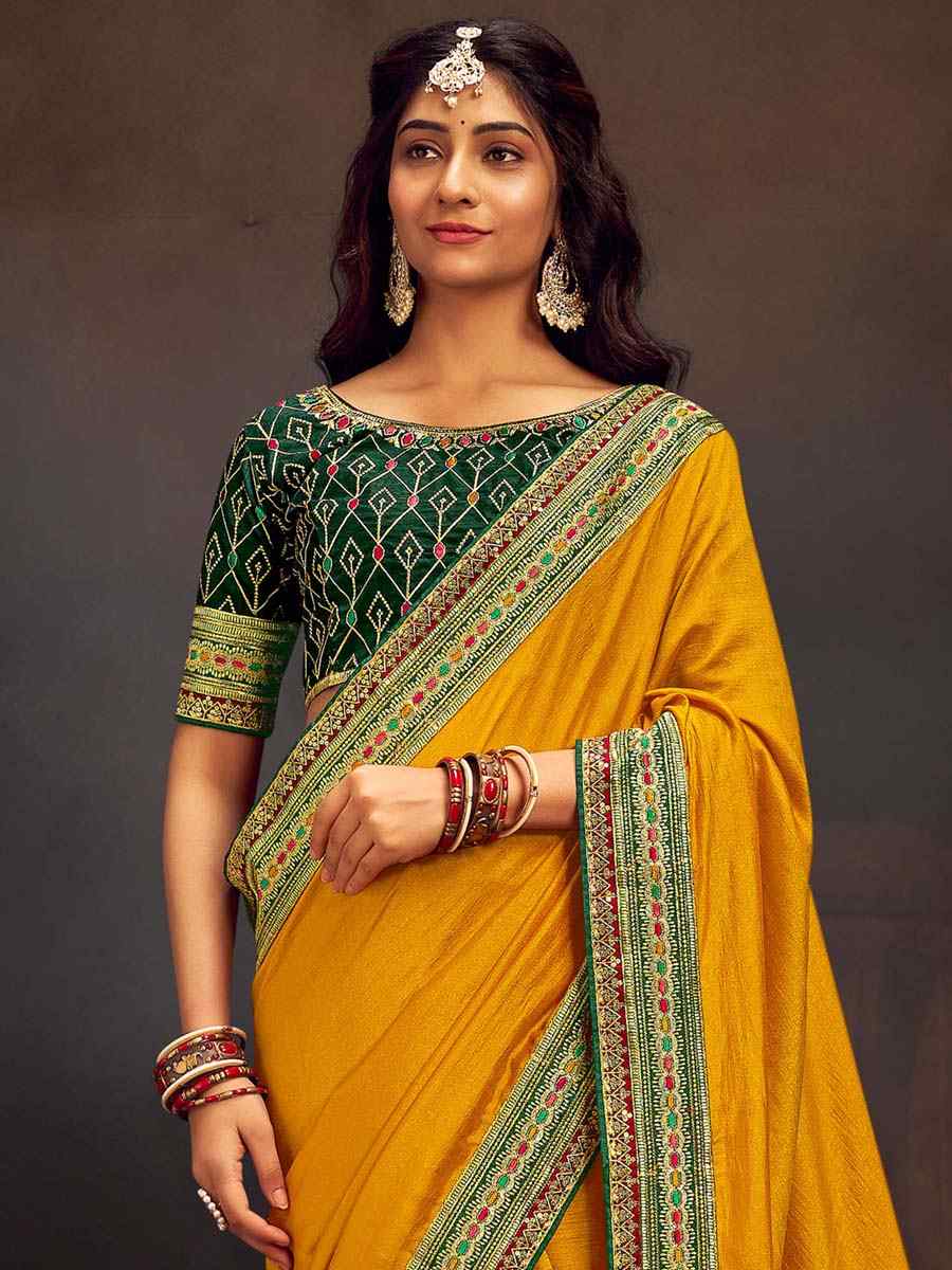 Yellow Vichitra Silk Embroidered Bridesmaid Reception Heavy Border Saree
