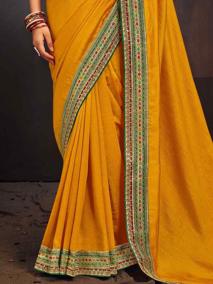 Yellow Vichitra Silk Embroidered Bridesmaid Reception Heavy Border Saree