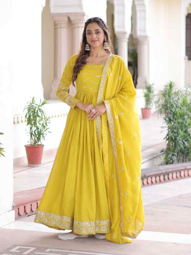 Image of Yellow Vichitra Silk Embroidered Festival Casual Wedding Gown Women Wear