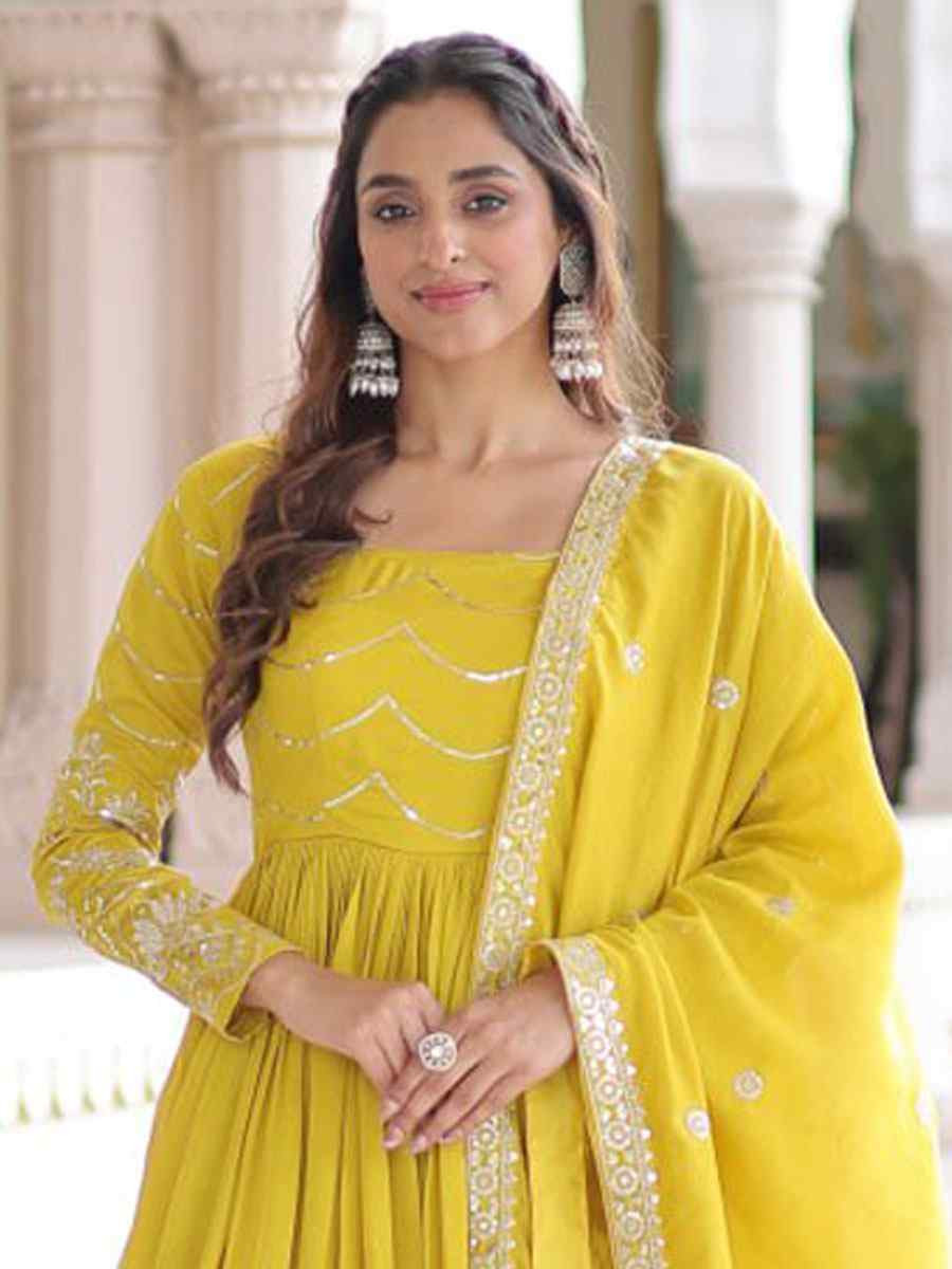 Yellow Vichitra Silk Embroidered Festival Casual Wedding Gown Women Wear