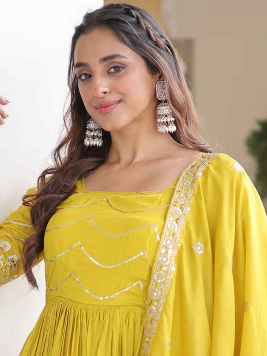 Yellow Vichitra Silk Embroidered Festival Casual Wedding Gown Women Wear