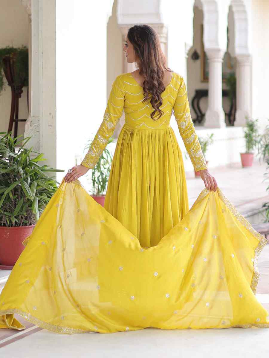 Yellow Vichitra Silk Embroidered Festival Casual Wedding Gown Women Wear