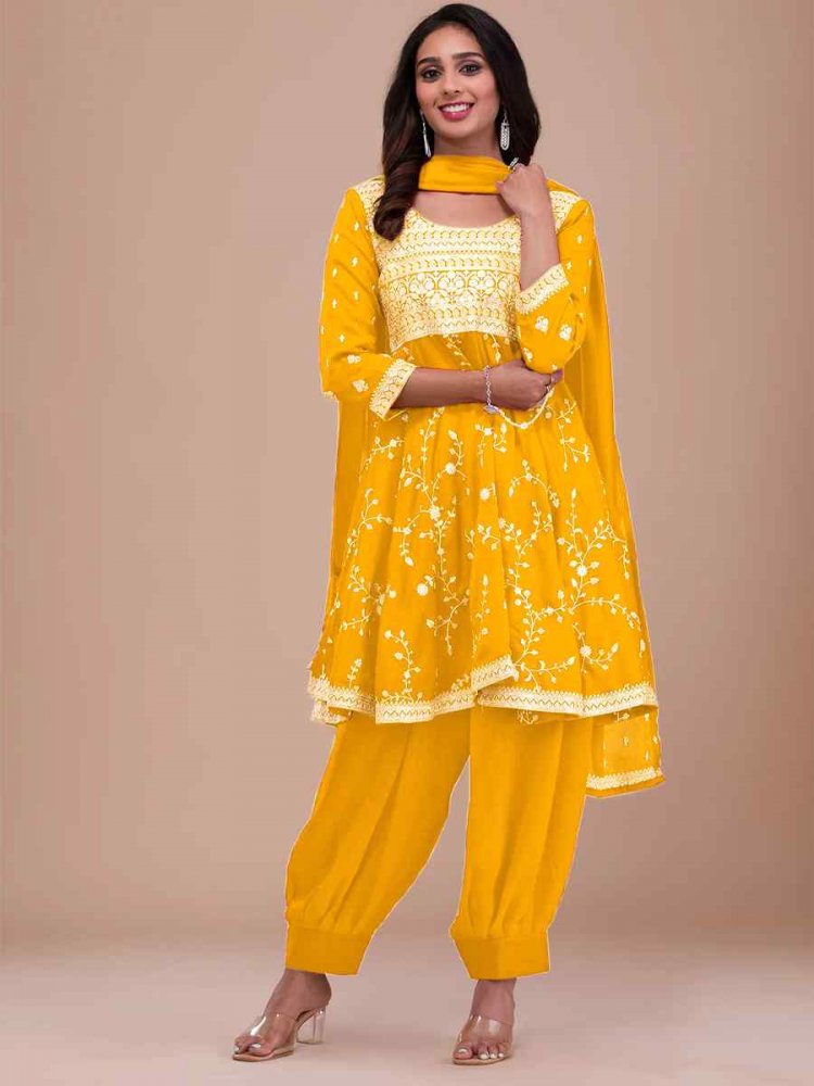 Yellow Vichitra Silk Embroidered Festival Mehendi Ready Patiala Salwar Kameez