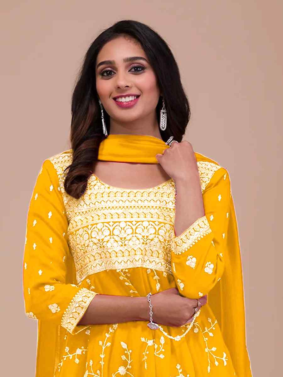 Yellow Vichitra Silk Embroidered Festival Mehendi Ready Patiala Salwar Kameez