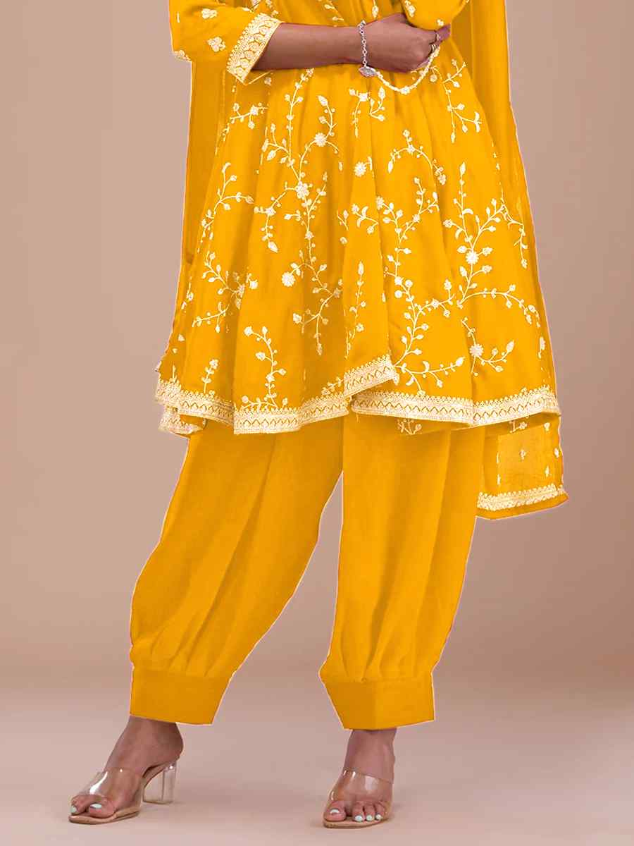 Yellow Vichitra Silk Embroidered Festival Mehendi Ready Patiala Salwar Kameez