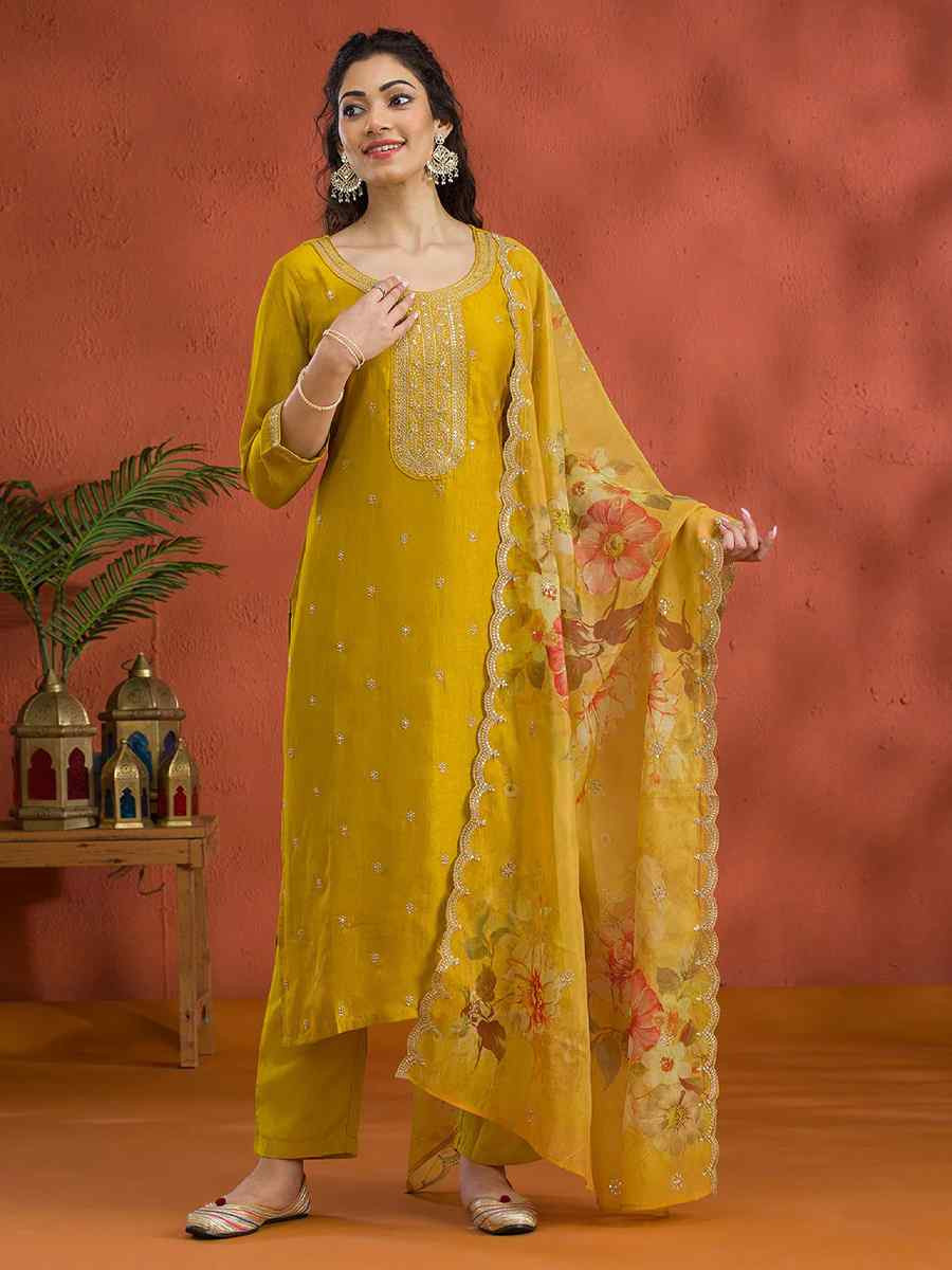 Yellow Vichitra Silk Embroidered Festival Wedding Pant Salwar Kameez