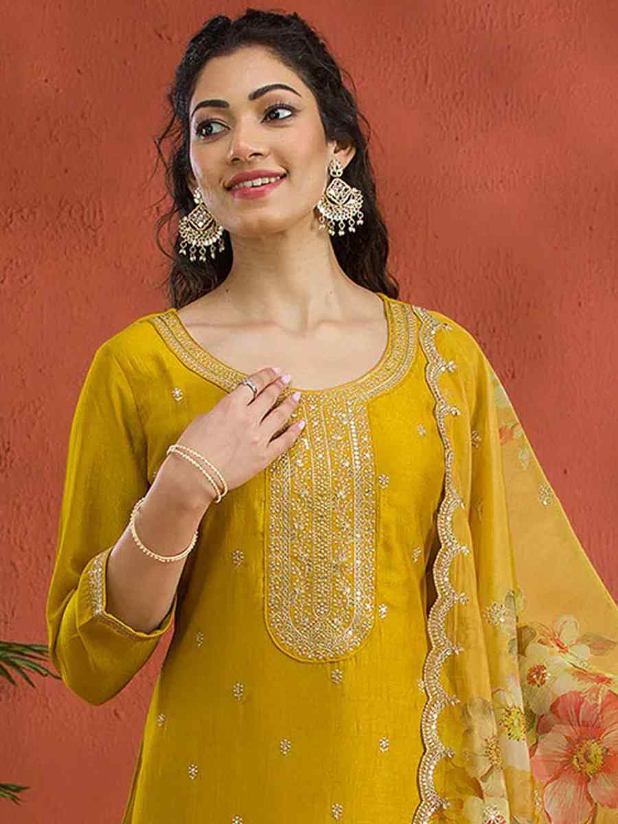 Yellow Vichitra Silk Embroidered Festival Wedding Pant Salwar Kameez