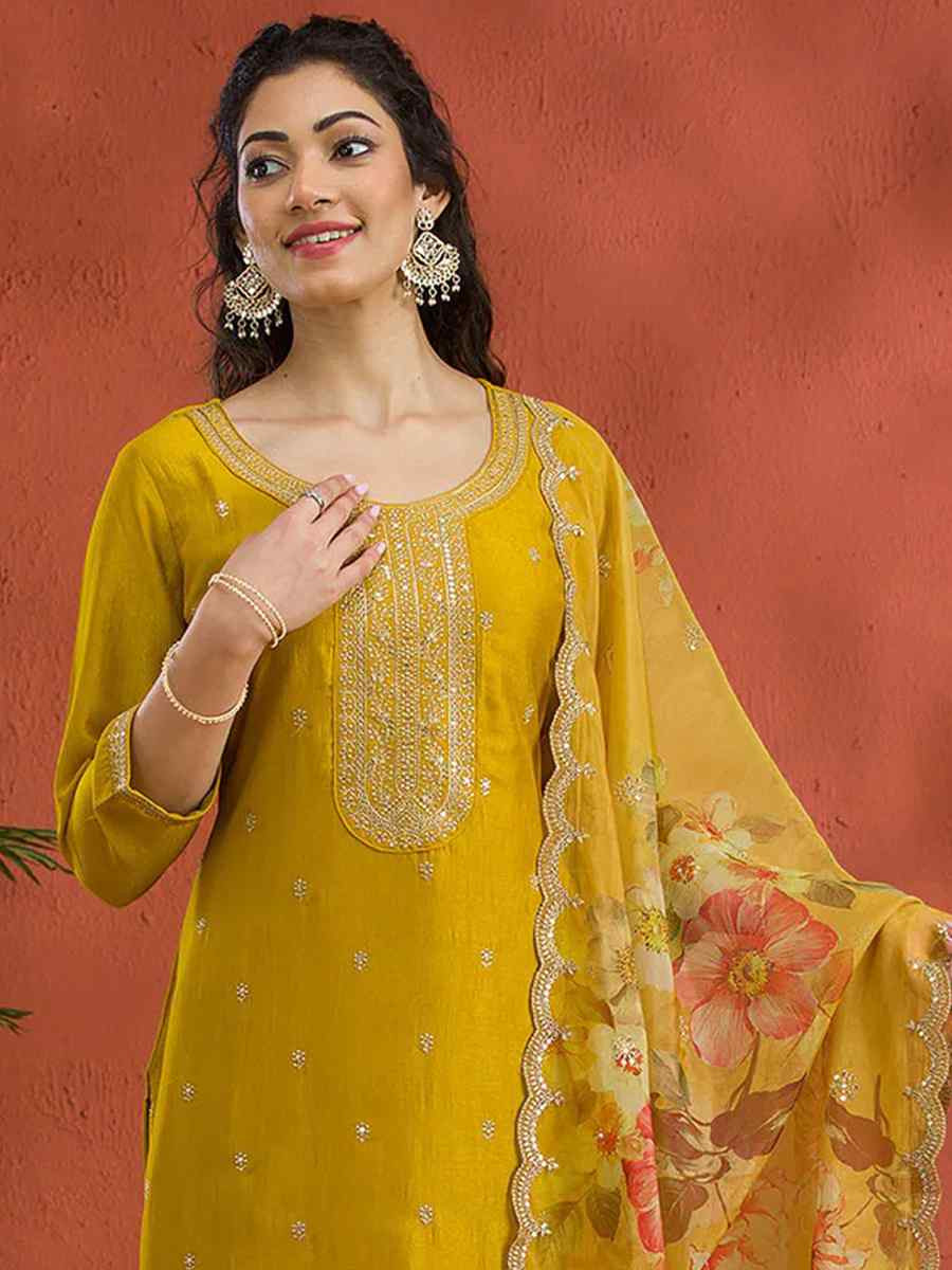 Yellow Vichitra Silk Embroidered Festival Wedding Pant Salwar Kameez
