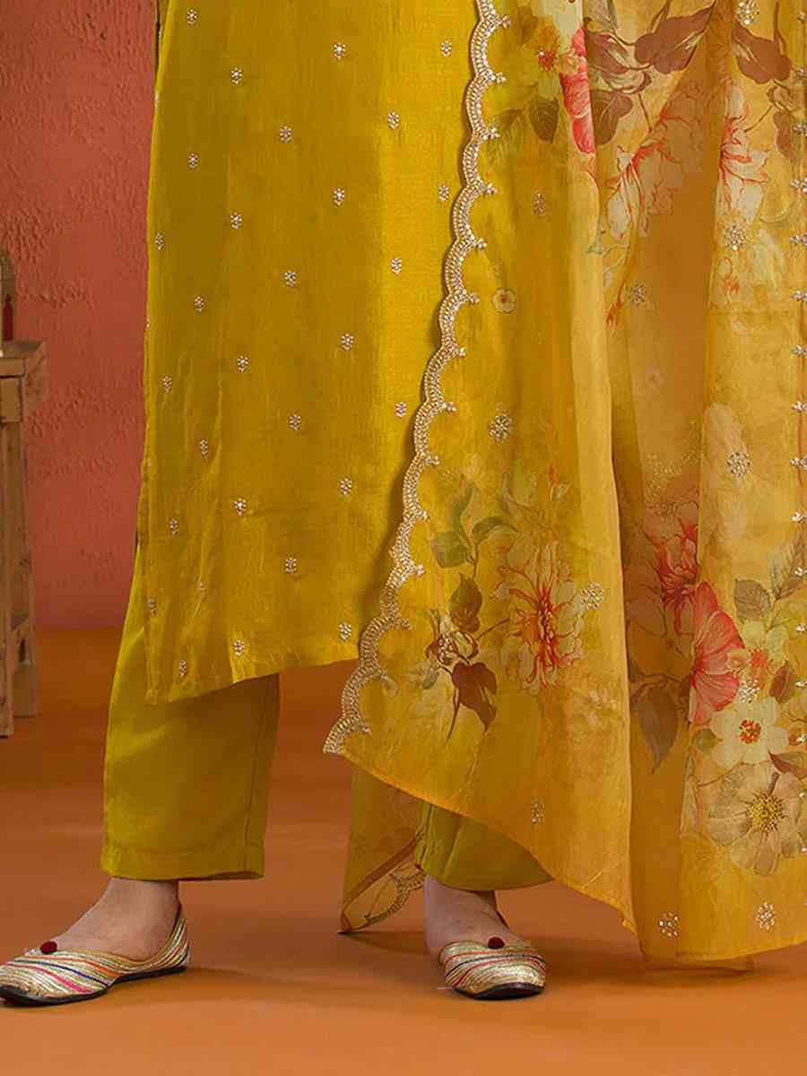 Yellow Vichitra Silk Embroidered Festival Wedding Pant Salwar Kameez