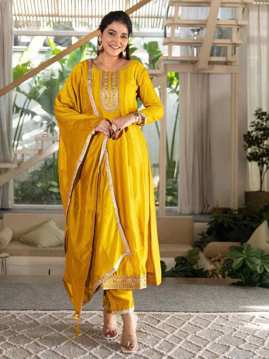 Yellow Vichitra Silk Embroidery Party Wedding Festival Casual Ready Anarkali Pant Salwar Kameez
