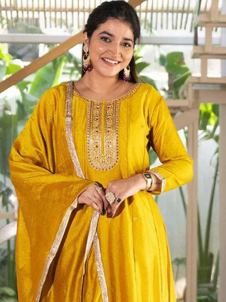 Yellow Vichitra Silk Embroidery Party Wedding Festival Casual Ready Anarkali Pant Salwar Kameez