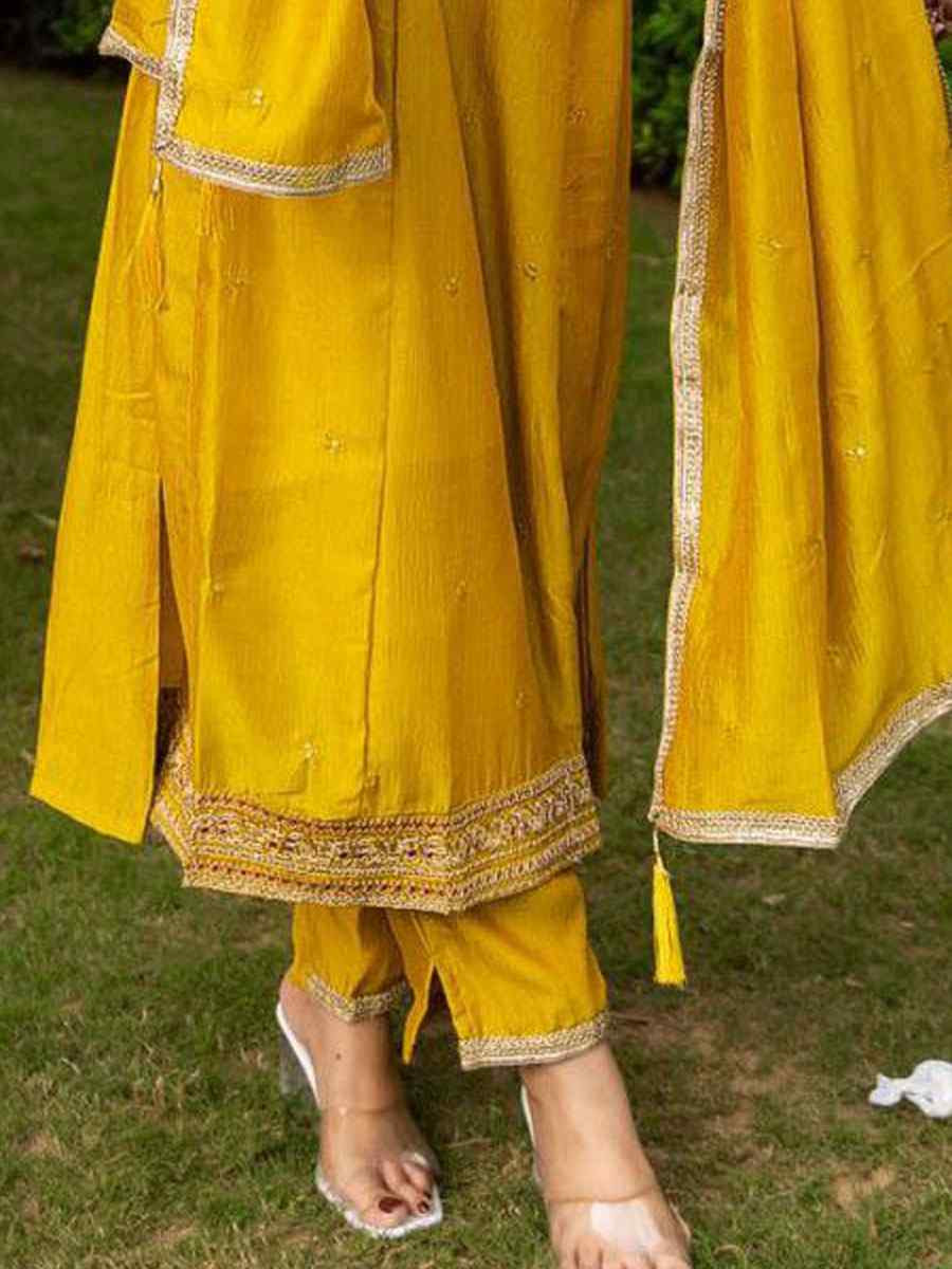 Yellow Vichitra Silk Embroidery Party Wedding Festival Casual Ready Anarkali Pant Salwar Kameez
