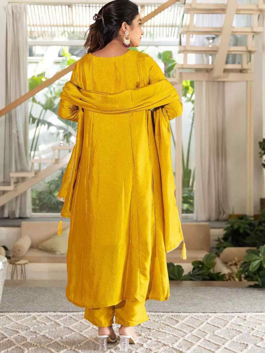 Yellow Vichitra Silk Embroidery Party Wedding Festival Casual Ready Anarkali Pant Salwar Kameez