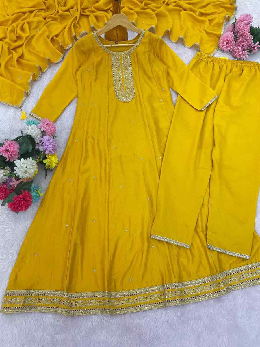 Yellow Vichitra Silk Embroidery Party Wedding Festival Casual Ready Anarkali Pant Salwar Kameez