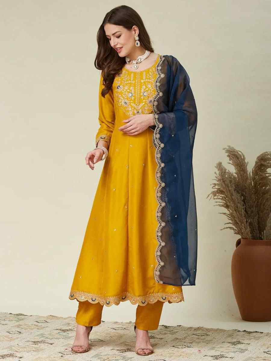 Yellow Vichitra Silk Embroidery Party Wedding Festival Casual Ready Anarkali Pant Salwar Kameez