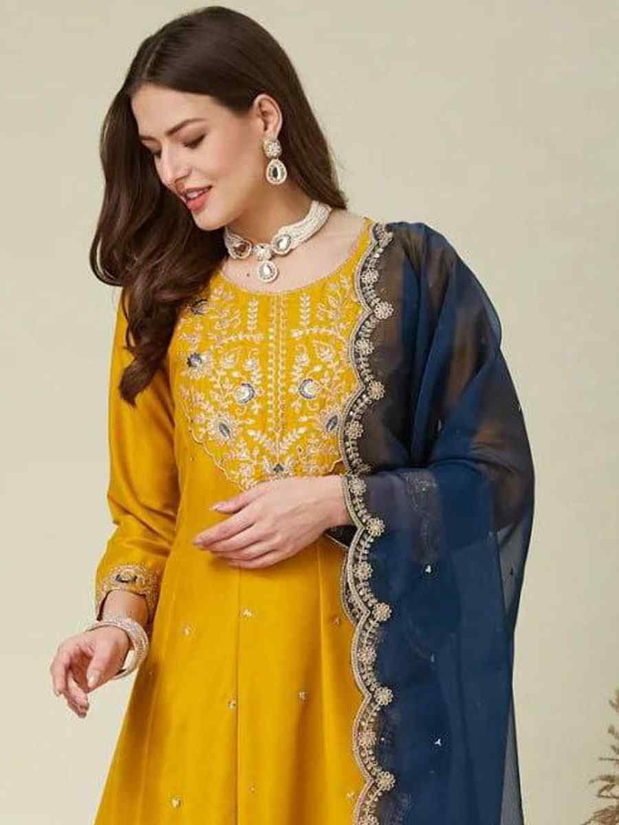 Yellow Vichitra Silk Embroidery Party Wedding Festival Casual Ready Anarkali Pant Salwar Kameez