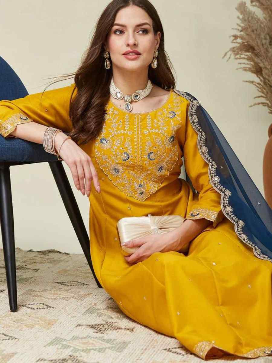 Yellow Vichitra Silk Embroidery Party Wedding Festival Casual Ready Anarkali Pant Salwar Kameez
