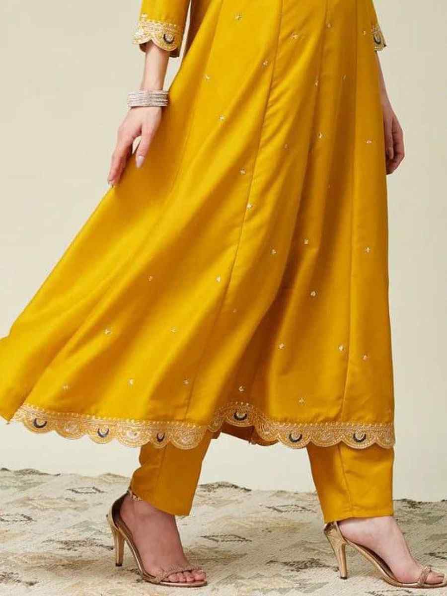 Yellow Vichitra Silk Embroidery Party Wedding Festival Casual Ready Anarkali Pant Salwar Kameez