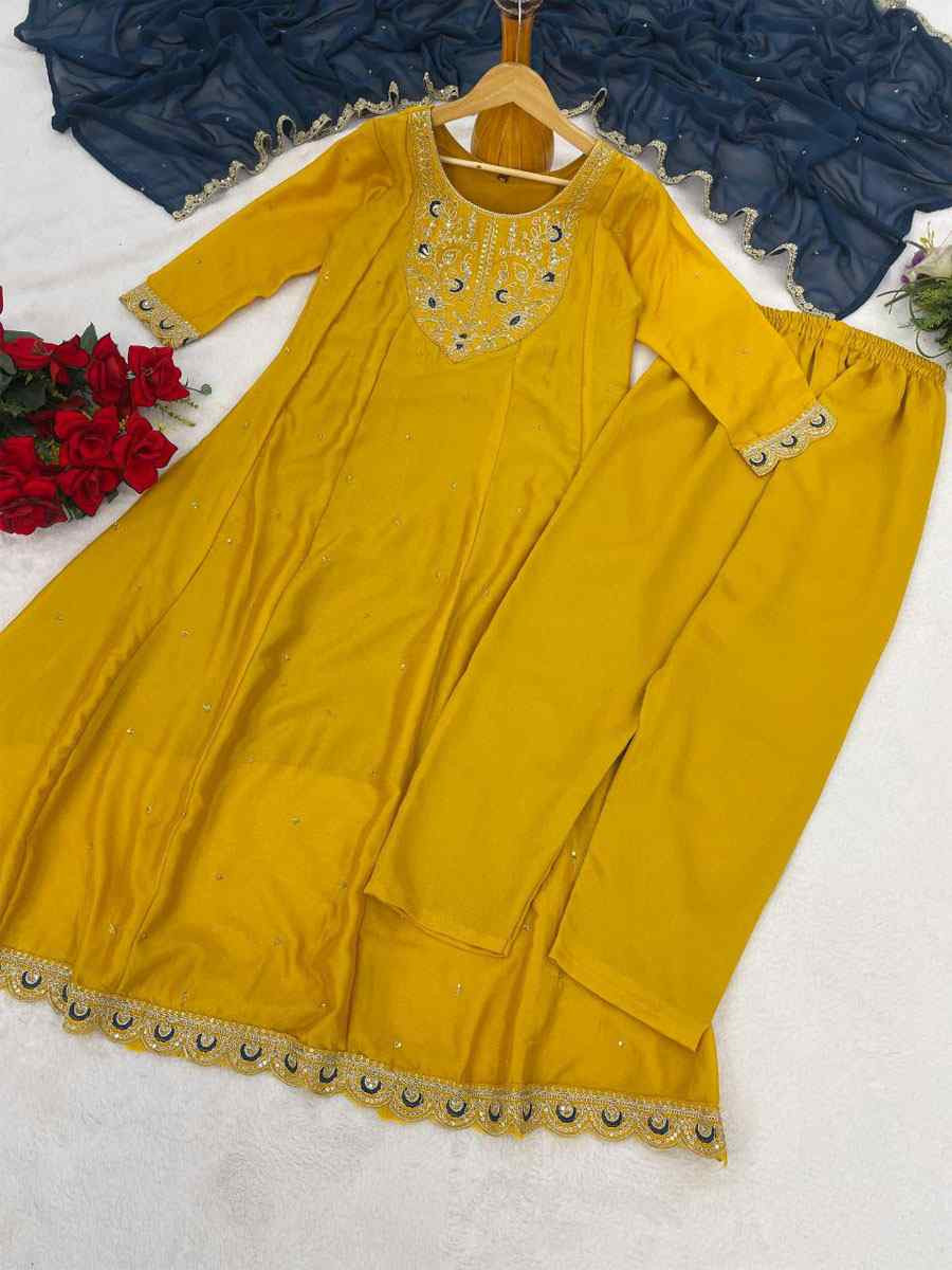 Yellow Vichitra Silk Embroidery Party Wedding Festival Casual Ready Anarkali Pant Salwar Kameez