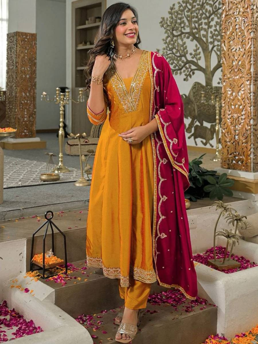 Yellow Vichitra Silk Embroidery Sequins Wedding Party Festival Casual Ready Palazzo Pant Salwar Kameez