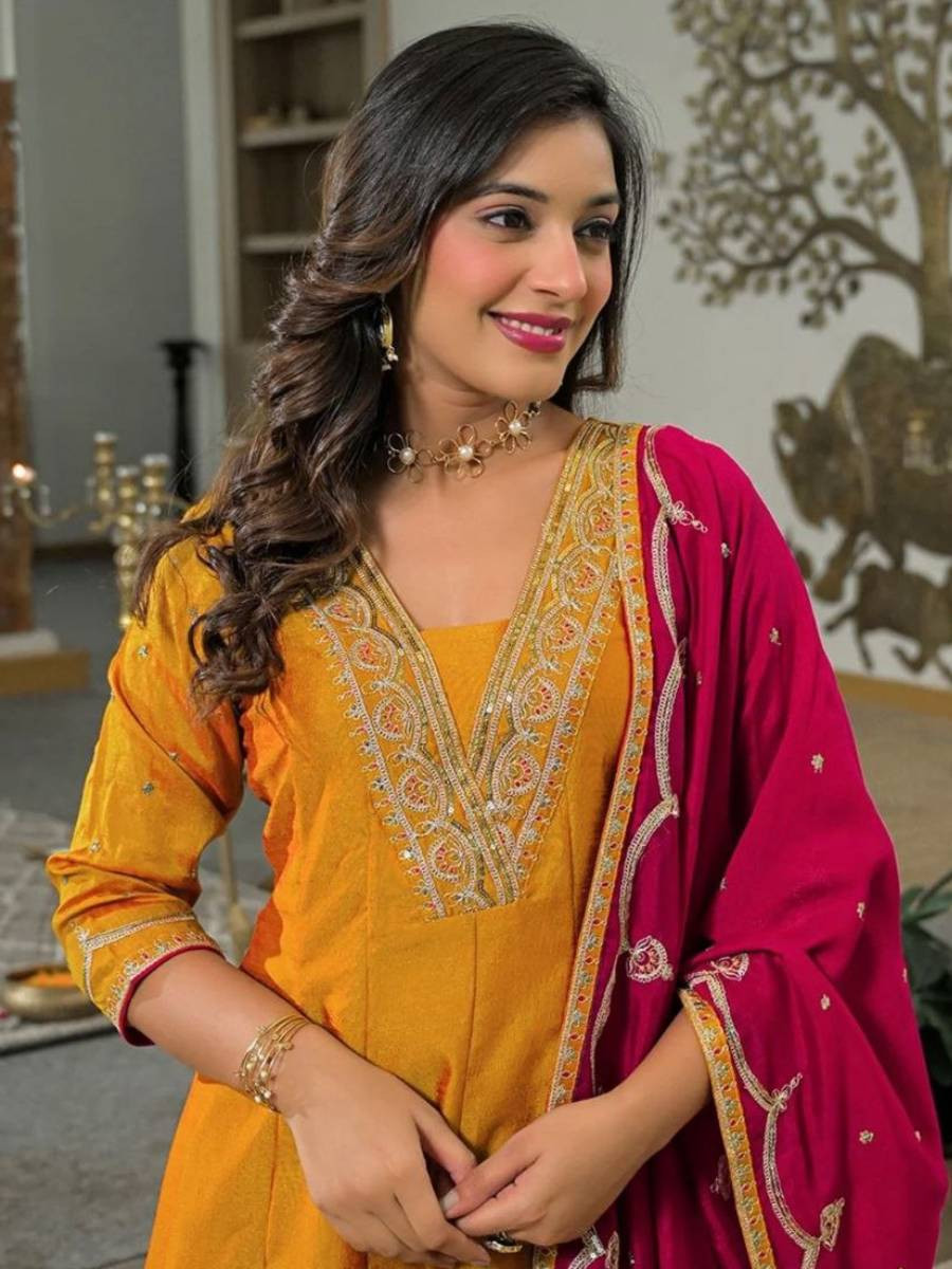 Yellow Vichitra Silk Embroidery Sequins Wedding Party Festival Casual Ready Palazzo Pant Salwar Kameez